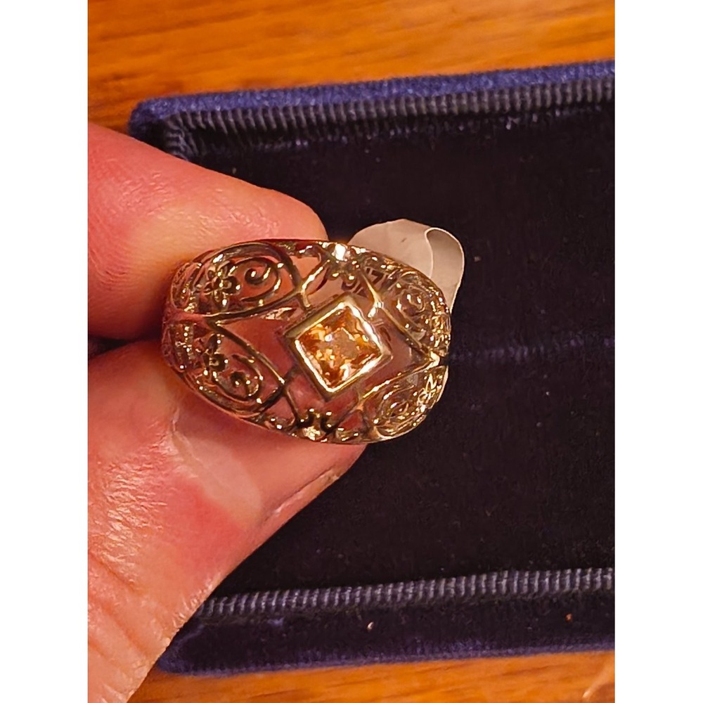 925 Champagne CZ Floral Filigree Statement Cocktail Ring Size 8 Womens
